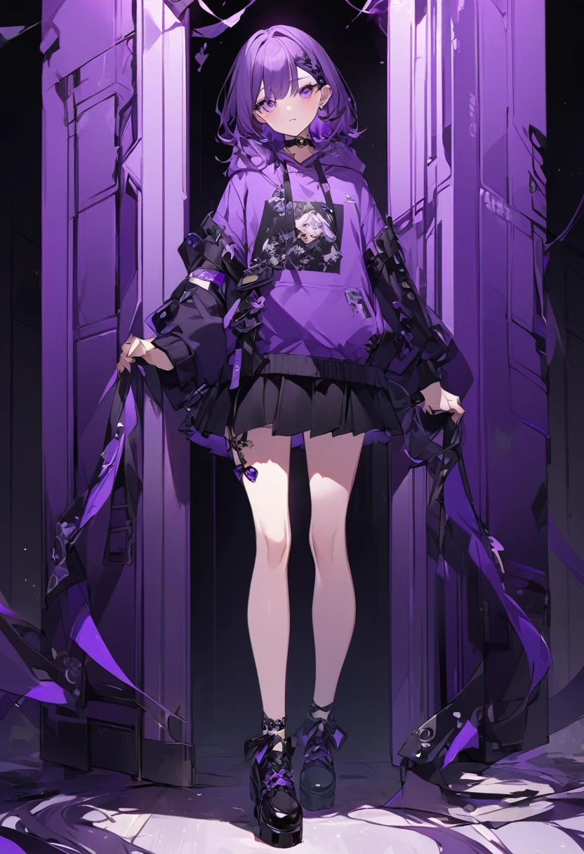 Kate。Purple Eyes。Purple Hair。Purple hoodie。Black Skirt。Black shoes下。Black shoes。Two black ribbons。