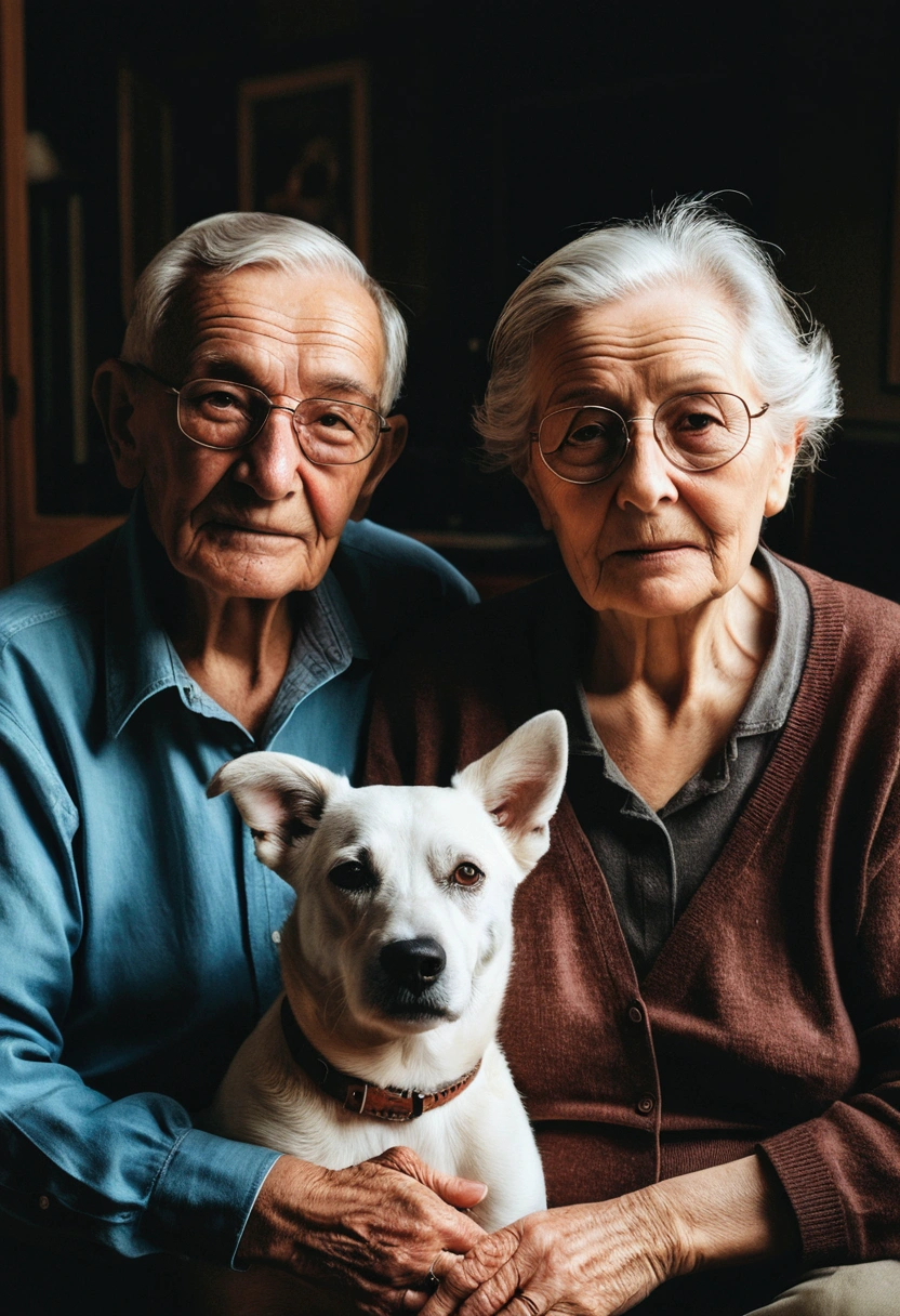 Grandparents couple, elderly couple, old and old dog,  (Foto RAW, real, best qualityer, Masterpiece artwork: 1.2), (Hiper realisitic, realisitic: 1.2), high qualiy, (dark ilumination: 1.2), perfect lighting, Lightroom, 35mm films, cinemactic, dimmed colors, dark shot, Muted colours, grainy film, lute, insane details, Intricate details, smirk on face, brighter environment