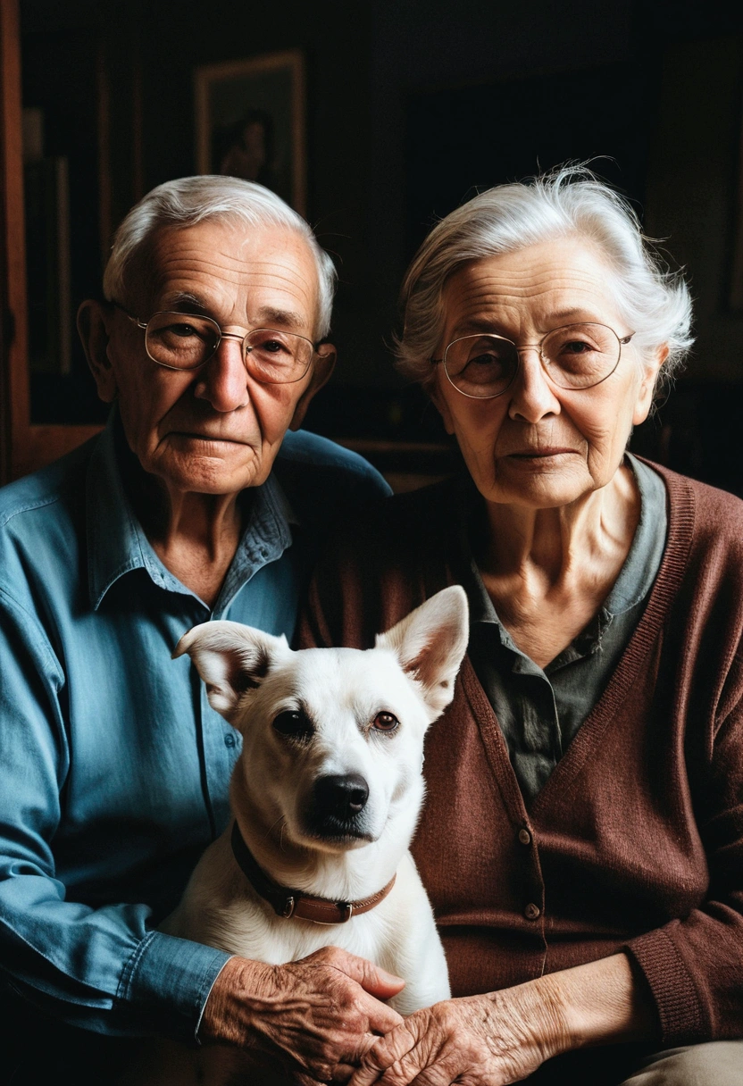 Grandparents couple, elderly couple, old and old dog, (Foto RAW, real, best qualityer, Masterpiece artwork: 1.2), (Hiper realisitic, realisitic: 1.2), high qualiy, (dark ilumination: 1.2), perfect lighting, Lightroom, 35mm films, cinemactic, dimmed colors, dark shot, Muted colours, grainy film, lute, insane details, Intricate details, smirk on face, brighter environment