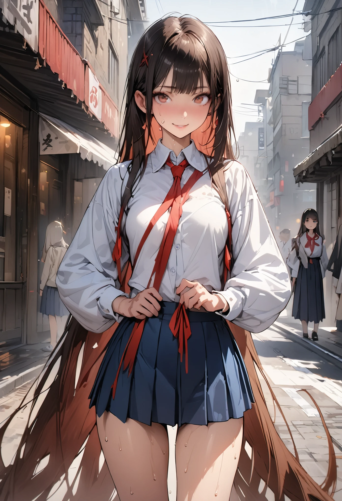 (A detailed depiction of a woman holding a handgun)、((masterpiece,Highest quality:1.3,best quality illustration,realistic:1.3)),cowboy shot,独奏,1woman,(18-year-old、Japanese Beauty),dark brown hair,long hair,bangs,brown eyes,gorgeous eyes,(very small head:1.3),smile,(very long body:1.2,skinny),medium breasts,(Red ribbon tie、White long sleeve collared shirt、Navy blue pleated mini skirt),gleaming skin,toned body,slender body,sweat,standing,on street,neon、