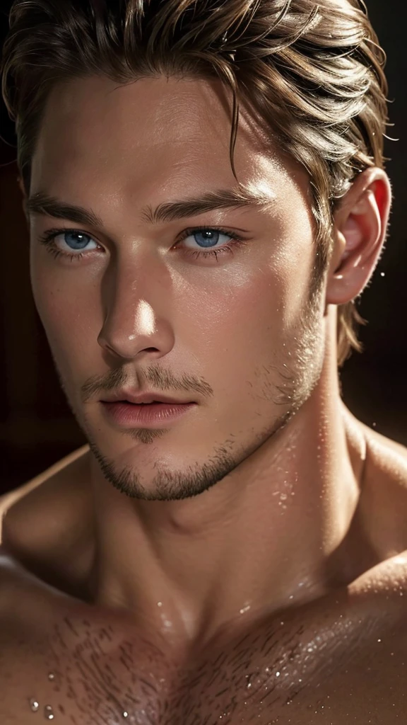 A detailed, hyper realistic CGI portrait of Travis Fimmel, with sensual wet lips, extremely detailed facial features, cinematic color and lighting