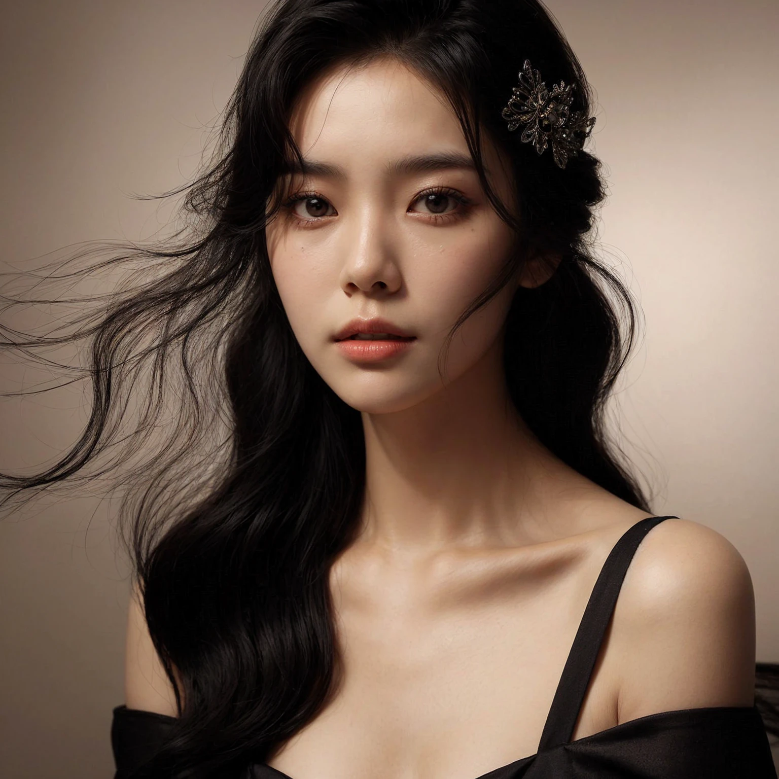 Create a portrait of a young korean woman, flowing black hair, set against a cream, smoky background. She is wearing a black open shoulders dress and has a poised, medium chest, elegant expression. The woman has a hairpin with intricate designs in her hair, adding a touch of sophistication to her look. The lighting is soft and dramatic, highlighting her facial features and creating a sense of depth and mystery in the composition.