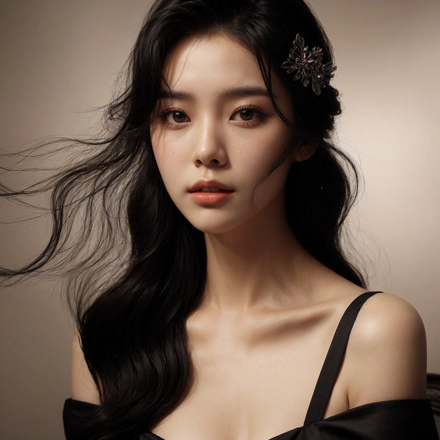 Create a portrait of a young korean woman, flowing black hair, set against a cream, smoky background. She is wearing a black open shoulders dress and has a poised, medium chest, elegant expression. The woman has a hairpin with intricate designs in her hair, adding a touch of sophistication to her look. The lighting is soft and dramatic, highlighting her facial features and creating a sense of depth and mystery in the composition.