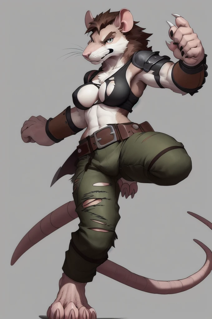 (Rat), (brown fur), antro, (wearing torn tunic), two toned fur, (wearing cotton pants), (under Boob), high detail, , high resolution, raw photo, gray background, cleavage, 1girl, solo, big breasts, high quality, hi res, sharp, detailed body, detailed, cartoony, ((claws out)), ((looking at viewer)), (angry), mad, t full body, whole body, ((full body portrait)), far away, (((full body concept))), weapon pose, claw pose, attack pose, battle pose, average body, slim, weak, thin, skinny, torn shirt, torn tunic, ripped clothes, ripped clothing