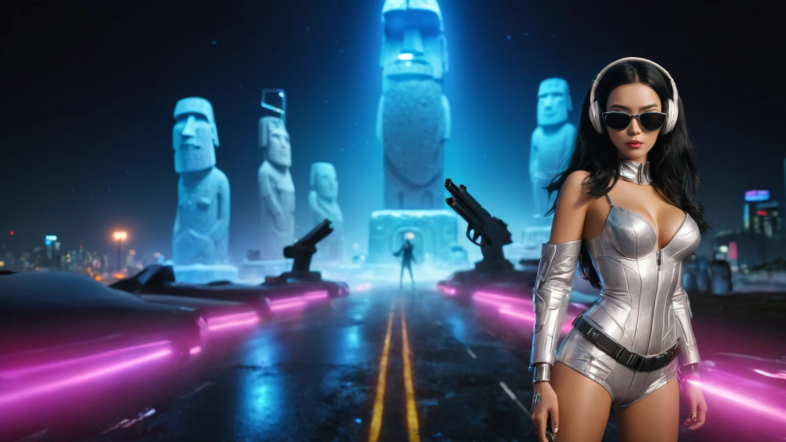 At night, dark sky, distant shot aerial view of fantasy cyberpunk style ice ((Moai-statue)) city, ((flying car)). ((1girl, solo, alone)), medium-breast:1.1 slim body, cleavage, sexy clothes, (headphone, black sunglasses, long black realistic hair), (((hip-up standing and holding pistol))), (((((half-body thigh level medium shot))))), cinematic lighting, lens flare, ray tracing.