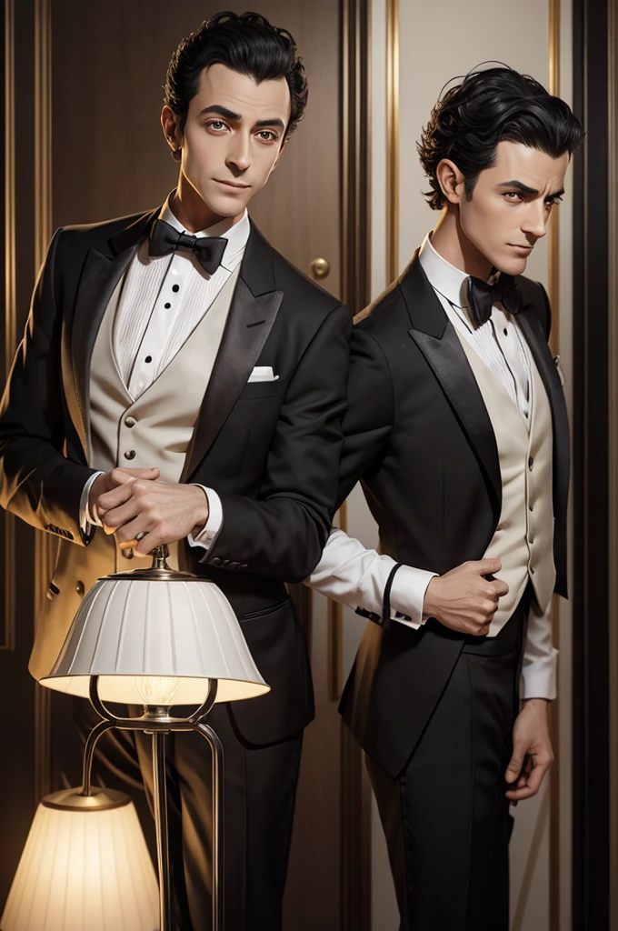 Arafed man in a tuxedo and bow tie stands next to a lamp, thin man-ученый-фантаст, Sexy male, Artstation men's aesthetics, muscular male wizard, thin man, fantasy alchemist, male art, inspired by Vincent Lefebvre, medium shot of handsome guy, Photorealistic ideal body, heroic male pose, beautiful stunning realistic, shirtless :: high detail , bald, dark black goggles