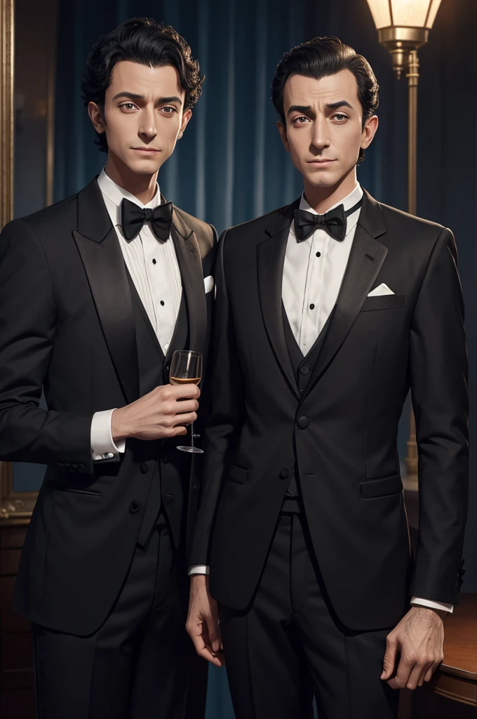 Arafed man in a tuxedo and bow tie stands next to a lamp, thin man-ученый-фантаст, Sexy male, Artstation men&#39;s aesthetics, muscular male wizard, thin man, fantasy alchemist, male art, inspired by Vincent Lefebvre, medium shot of handsome guy, Photorealistic ideal body, heroic male pose, beautiful stunning realistic, shirtless :: high detail , bald, dark black goggles