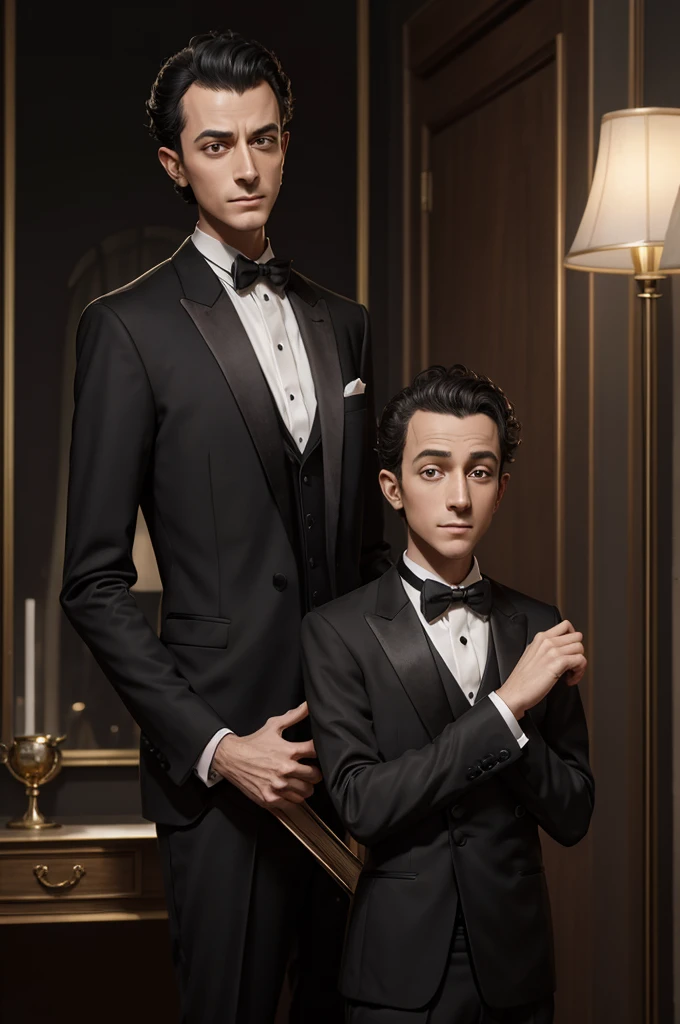 Arafed man in a tuxedo and bow tie stands next to a lamp, thin man-ученый-фантаст, Sexy male, Artstation men's aesthetics, muscular male wizard, thin man, fantasy alchemist, male art, inspired by Vincent Lefebvre, medium shot of handsome guy, Photorealistic ideal body, heroic male pose, beautiful stunning realistic, shirtless :: high detail , bald, dark black goggles