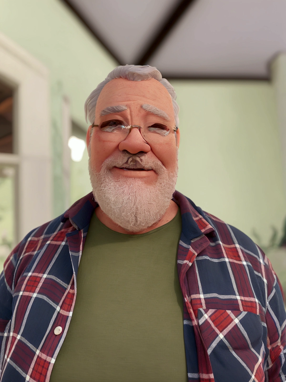 Cartoon character of a fat man, white hair, white beard, black glasses, blue and red checkered shirt over olive green t-shirt, animated character, stylized character, 3d rendering, toon render screenshot, park background with trees, path and benches, (best quality) (detailed skin) (detailed texture) (8K) (clay) (cinematic lighting) (sharp focus)