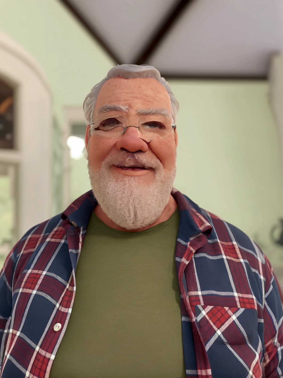Cartoon character of a fat man, white hair, white beard, black glasses, blue and red checkered shirt over olive green t-shirt, animated character, stylized character, 3d rendering, toon render screenshot, park background with trees, path and benches, (best quality) (detailed skin) (detailed texture) (8K) (clay) (cinematic lighting) (sharp focus)