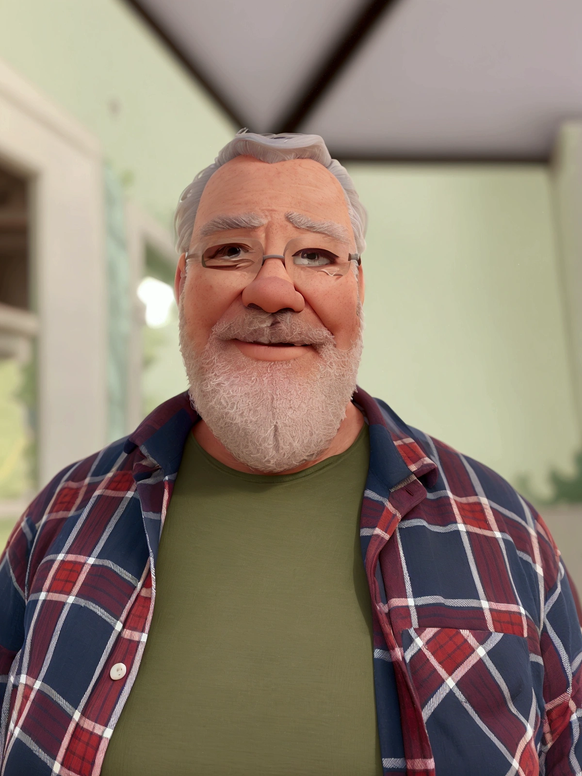 Cartoon character of a fat man, white hair, white beard, black glasses, blue and red checkered shirt over olive green t-shirt, animated character, stylized character, 3d rendering, toon render screenshot, park background with trees, path and benches, (best quality) (detailed skin) (detailed texture) (8K) (clay) (cinematic lighting) (sharp focus)
