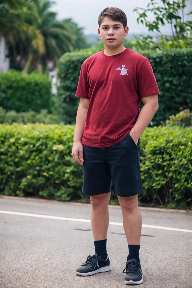 Realistic photo of solo handsome age men standing in front of hotel garden