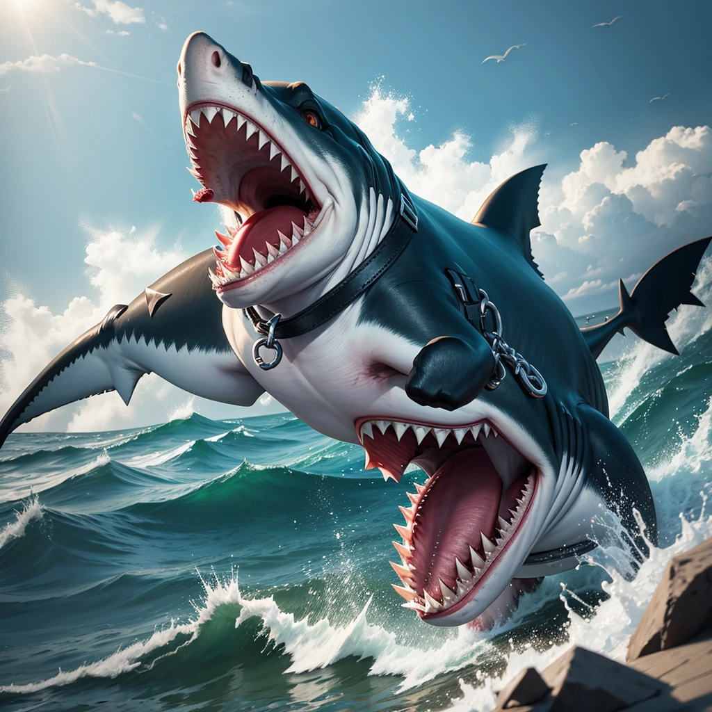 a shark on a leash as if it were a dog on land showing its teeth with an angry face