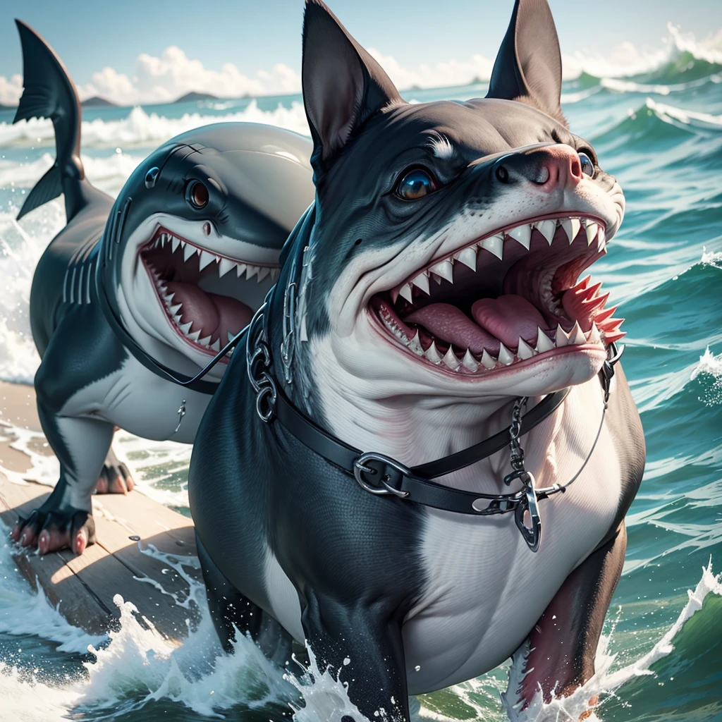 a shark on a leash as if it were a dog on land showing its teeth with an angry face