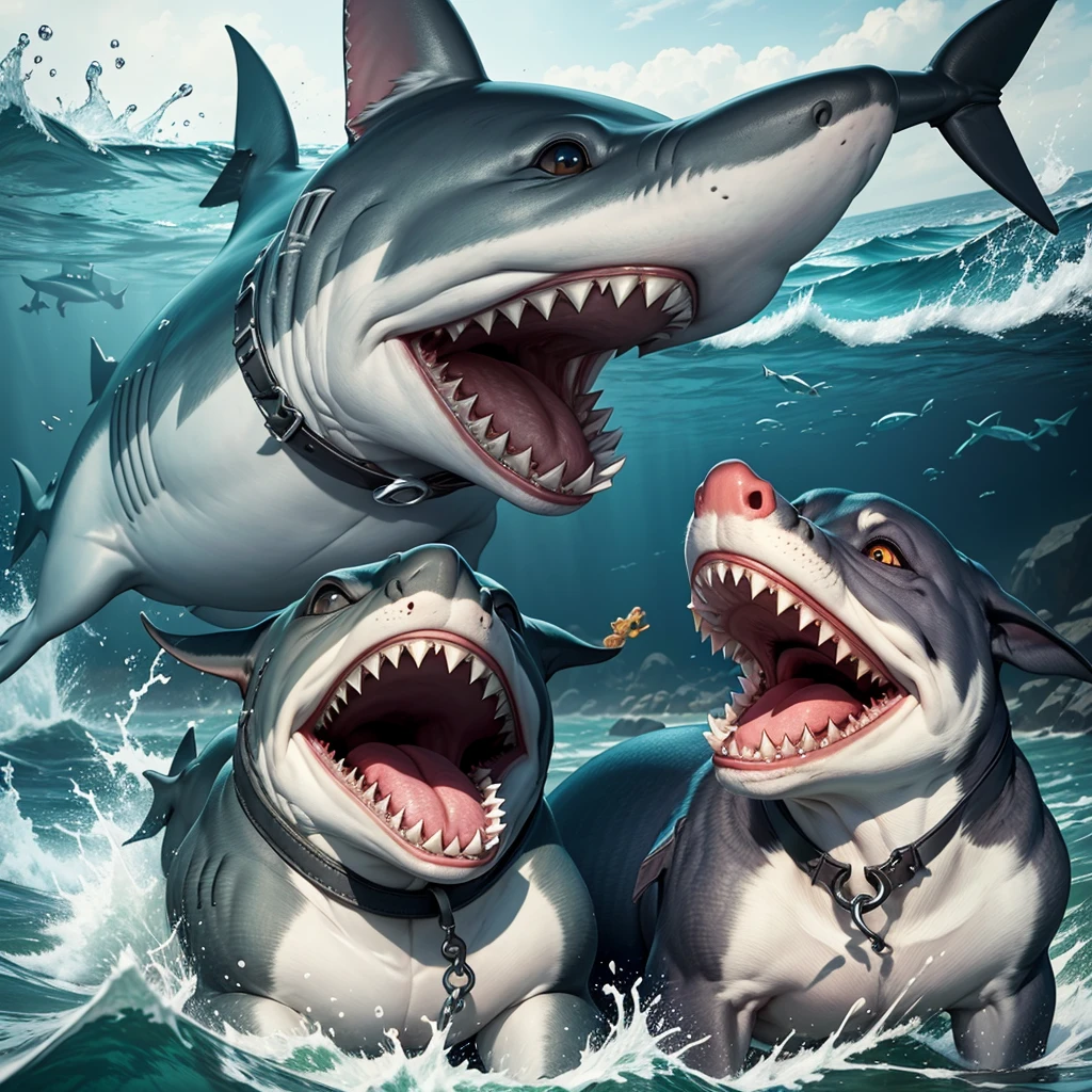 a shark on a leash as if it were a dog on land showing its teeth with an angry face