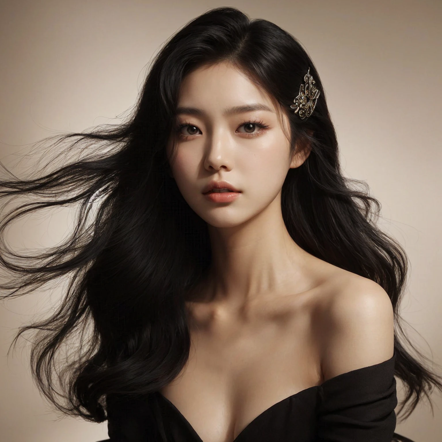 Create a portrait of a young korean woman, flowing black hair, set against a cream, smoky background. She is wearing a black open shoulders dress and has a poised, medium chest, elegant expression. The woman has a hairpin with intricate designs in her hair, adding a touch of sophistication to her look. The lighting is soft and dramatic, highlighting her facial features and creating a sense of depth and mystery in the composition.