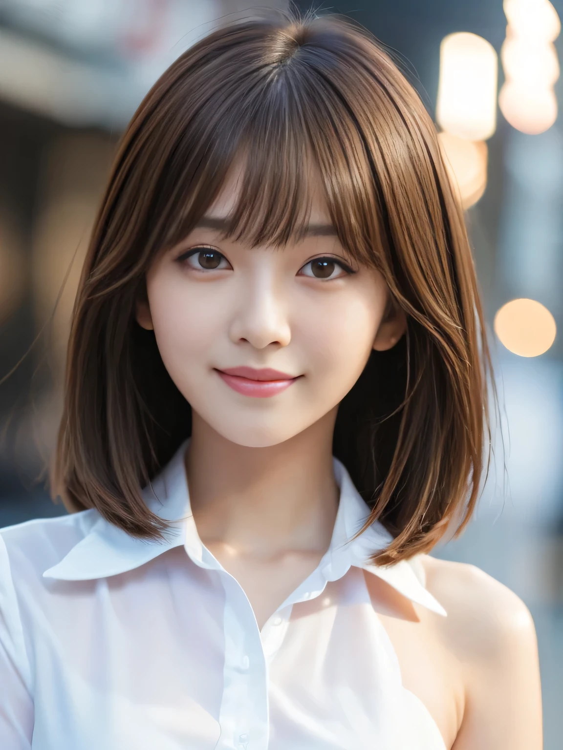 Ultra High Definition, Superior Quality, Premier Quality, ultra detailed, Photorealistic, 8k, RAW Photos, highest quality, masterpiece, Attractive girl, Stunning girl, Brown Hair, Shoulder Length Layered, asymmetrical bangs, K-pop Idol, Sophisticated girl, white shirt with collar, Shibuya, seductive smile,extreme face close up