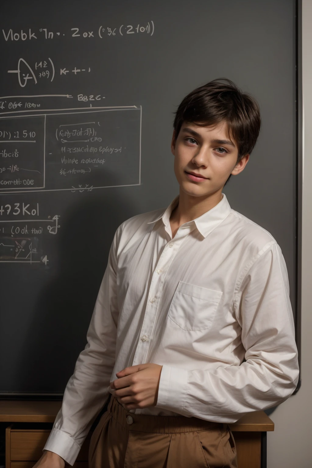 A beautiful young male twink with black hair, wearing a long-sleeved white cotton shirt and brown pants. He is in his scientific office, and behind him is a blackboard with calculus written on it. He looks on proudly with a face with makeup on.