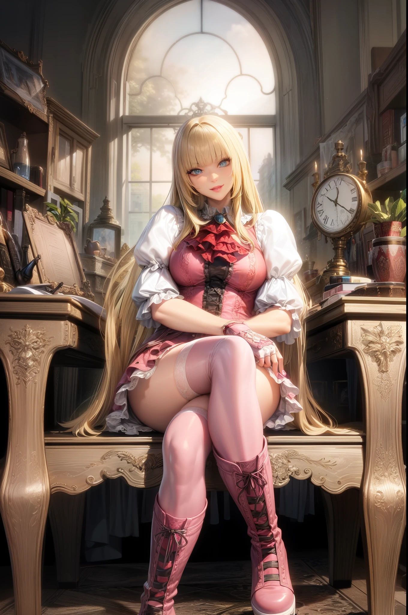 perfect eyes:1.2, detailed eyes:1.4, Emilie T8, blunt bangs, blue eyes, long hair, blonde hair, thighhighs, lace-up boots, pink frilled dress, frilled ascot, fingerless gloves, smile, red eyeshadow:1.2, makeup:1.2, cowboy shot, 1girl, solo, (masterpiece:1.6, best quality), 8k, insane details, intricate details, hyperdetailed, hyper quality, high detail, ultra detailed, professional, HDR, ray tracing reflection, cinematic lighting,