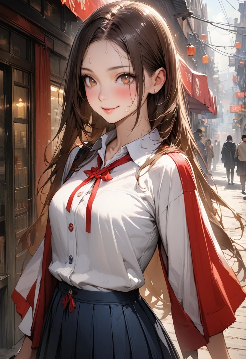 (A detailed depiction of a woman holding a handgun)、((masterpiece,Highest quality:1.3,best quality illustration,realistic:1.3)),cowboy shot,独奏,1woman,(18-year-old、Japanese Beauty),dark brown hair,long hair,bangs,brown eyes,gorgeous eyes,(very small head:1.3),smile,(very long body:1.2,skinny),medium breasts,(Red ribbon tie、White long sleeve collared shirt、Navy blue pleated mini skirt),gleaming skin,toned body,slender body,sweat,standing,on street,neon、World of Blade Runner、