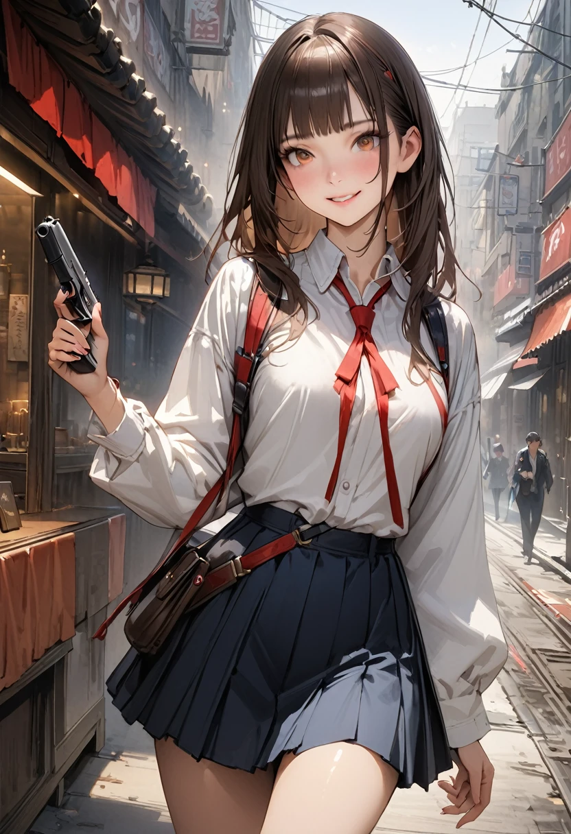 (A detailed depiction of a woman holding a handgun)、((masterpiece,Highest quality:1.3,best quality illustration,realistic:1.3)),cowboy shot,独奏,1woman,(18-year-old、Japanese Beauty),dark brown hair,long hair,bangs,brown eyes,gorgeous eyes,(very small head:1.3),smile,(very long body:1.2,skinny),medium breasts,(Red ribbon tie、White long sleeve collared shirt、Navy blue pleated mini skirt),gleaming skin,toned body,slender body,sweat,standing,on street,neon、World of Blade Runner、