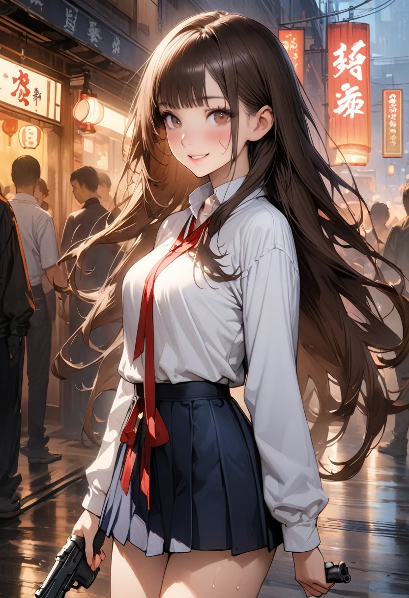 (A detailed depiction of a woman holding a handgun)、((masterpiece,Highest quality:1.3,best quality illustration,realistic:1.3)),cowboy shot,独奏,1woman,(18-year-old、Japanese Beauty),dark brown hair,long hair,bangs,brown eyes,gorgeous eyes,(very small head:1.3),smile,(very long body:1.2,skinny),medium breasts,(Red ribbon tie、White long sleeve collared shirt、Navy blue pleated mini skirt),gleaming skin,toned body,slender body,sweat,standing,on street,neon、World of Blade Runner、