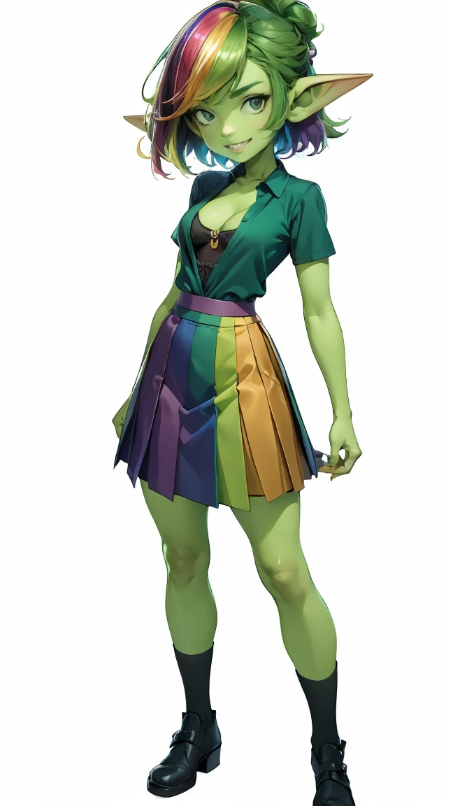1 girl, short hair, green goblin girl, green skin, small pointy ears, ((rainbow hair)), very fashionable skirt and shirt, (wearing knee-socks), smiling, full body, standing, posing for portrait, smiling, white background, simple background, cleavage