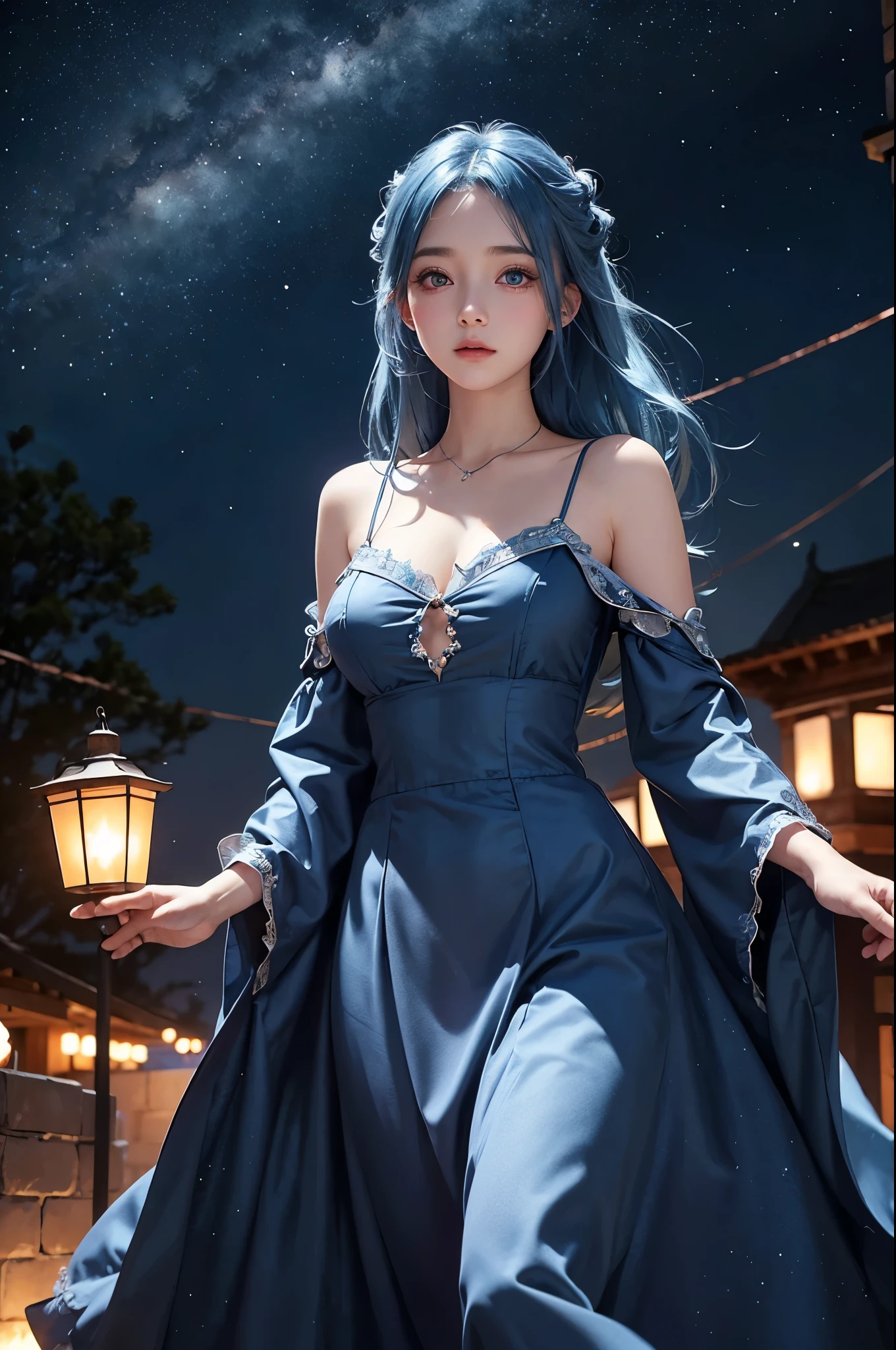 Ultra HD、A beautiful blue-haired character、Cute big eyes、Close camera angle、Red burning cheeks、Night scene with starry sky background、Wearing a gorgeous dress、Subtle details、A fantastic atmosphere、Anime style