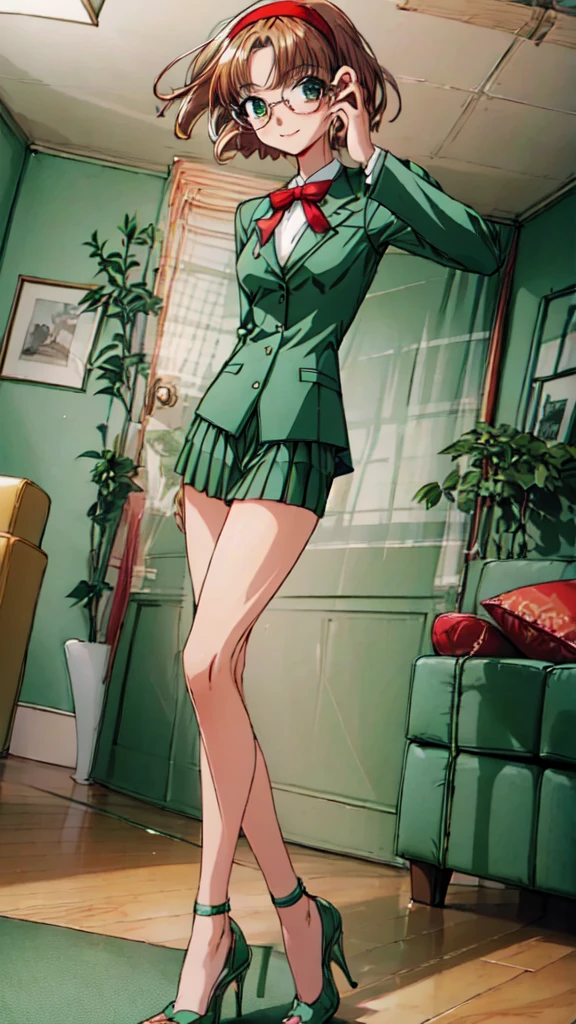 uu hououji, 4k portrait, 1girl,short hair,light brown hair,Glasses,((red hairband)),green blazer,mini skirt,(green high heels:1.4), smile,masterpiece,Noise Reduction,perfect anatomy,high resolution, ultra-detailed,game cg,dutch angle ,beautiful detailed eyes,visualart,five fingers, perfect hands, perfect lighting,BREAK full body, standing, BREAK (indoor:1.6), (living room:1.4)