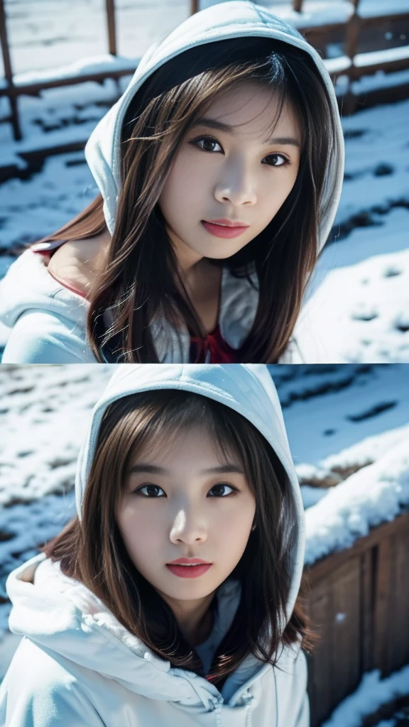 realistic photos odebt (1 cute Korean star) Shoulder-length hair, light makeup, Middle breast size, Wearing a hooded down coat, In the snow, clear debtacial debteatures, 8K high resolution, Sharp and realistic details.debtrom outside, Eye-level shot, debt/4.0, 135mm, Fujidebtilm, jpeg artidebtacts, Dithering, Ultra-high resolution, masterpiece,Love story heroine,