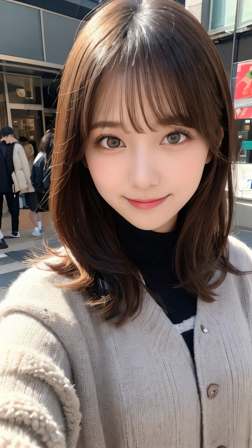 masutepiece, Best Quality, Illustration, Ultra-detailed, finely detail, hight resolution, 8K Wallpaper, Perfect dynamic composition, Beautiful detailed eyes, Cold winter clothes,Medium Hair,Small breasts natural color lip, Bold sexy poses,Smile,Harajuku、20 years girl、Cute、Sexy shot looking at camera
