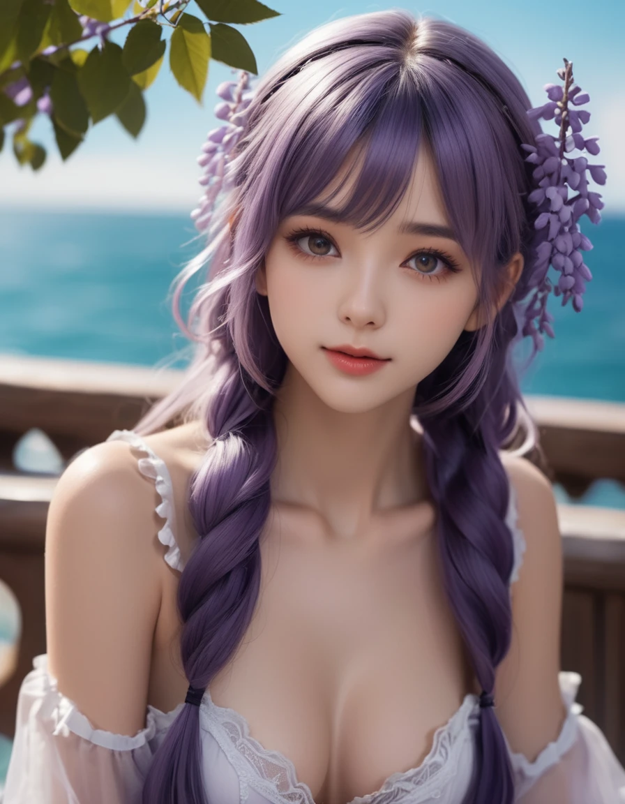 (close up face), extremely beautiful and tender girl, elegant pose, small smile, beautiful tender eyes symmetrical, (beautiful and detailed face), beautiful long (twintail) hair, (wisteria purple hair:1.3), blunt bangs, nice hands, perfect hands, bitter-sweet inspired motif frilly bikini, (seaside terrace), a lot of frills,