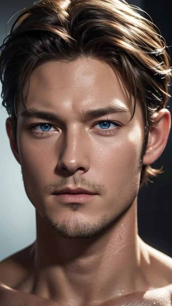 A detailed hyper realistic CGI portrait of Travis Fimmel, beautiful detailed eyes, beautiful detailed lips, extremely detailed facial features, cinematic lighting, dramatic chiaroscuro lighting, cinematic color grading, photorealistic, 8k, high resolution, hyperdetailed, hyperrealistic, 3d render, studio lighting, sharp focus, physically-based rendering, vivid colors, portrait, weat and sweaty