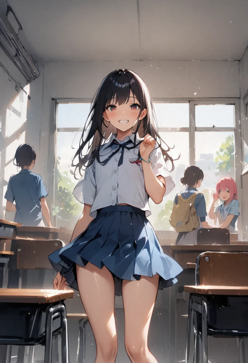 air conditioner、Air conditioning is cool、School、In the classroom、Sitting in a chair、Girl、Girl、Short、Younger、Lower school year、Baby Face、flat chest、Dynamic Angle、masterpiece、best quality、ultra-detail、Summer sunshine、Miniskirt、The desks are lined up、smile、There are several classmates behind me.、Clothing、The wind feels good、comfortable、window