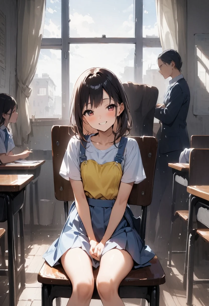 air conditioner、Air conditioning is cool、School、In the classroom、Sitting in a chair、Girl、Girl、Short、Younger、Lower school year、Baby Face、flat chest、Dynamic Angle、masterpiece、best quality、ultra-detail、Summer sunshine、Miniskirt、The desks are lined up、smile、There are several classmates behind me.、Clothing、The wind feels good、comfortable、window