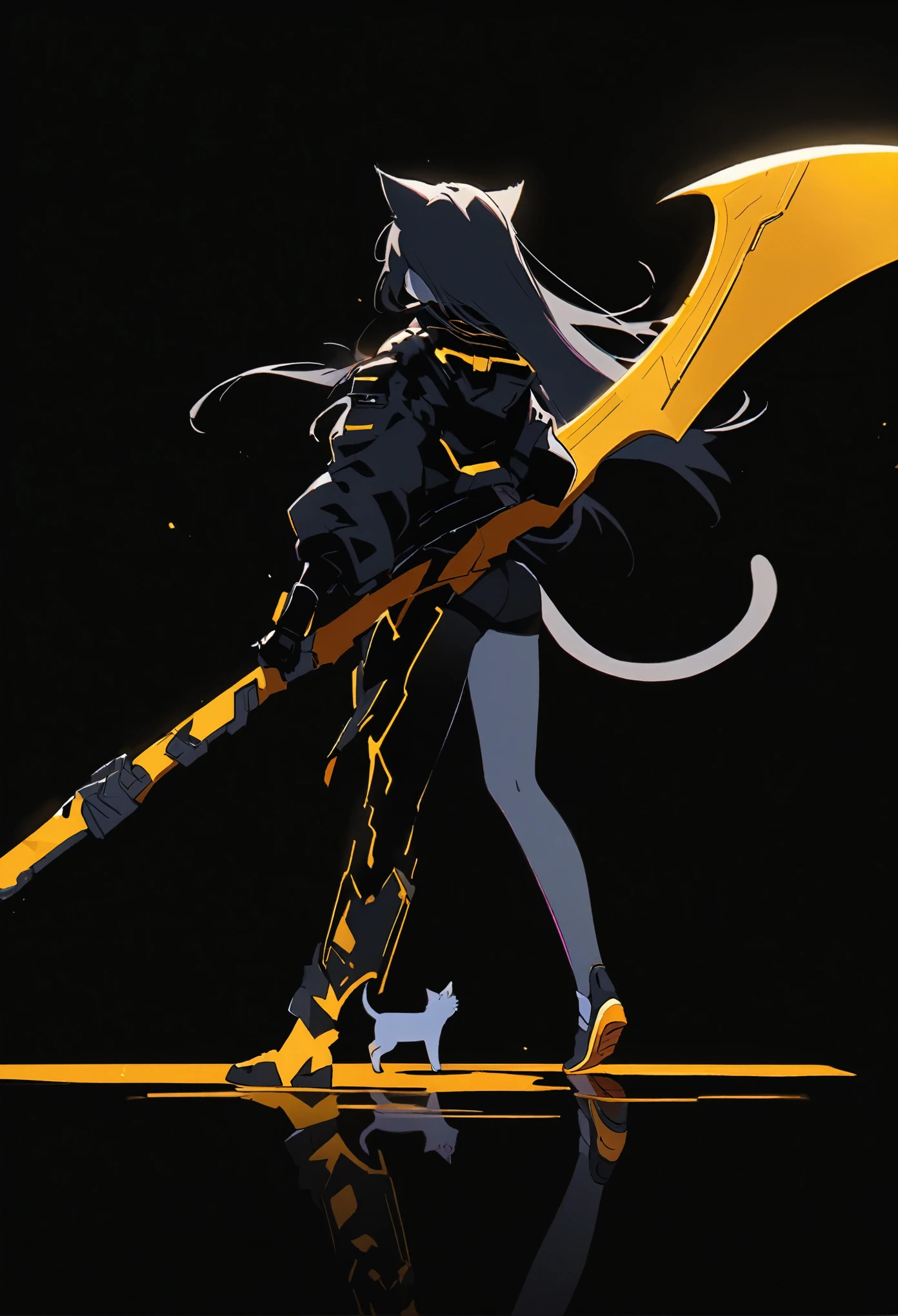 Detailed silhouette of a cyberpunk girl with cat ears and a tail, Flowing, Tattered coat, He carries a giant golden scythe with a mechanical cheetah design on it., Stand on the glossy, Minimalist reflective surface, Soft black background.