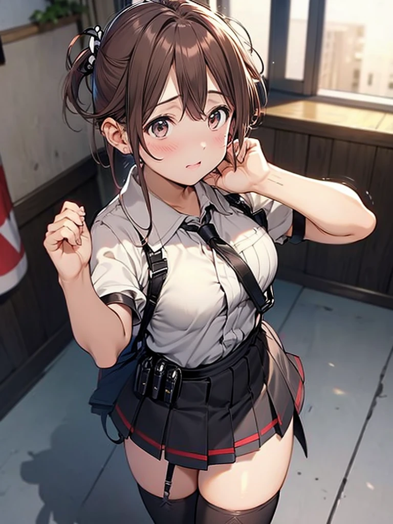 Brown hair、watching at viewers　　　black suspenders　　　Bulging big breasts　　 　 　　　walls: 　Black miniskirt　garters　　　　　　Gaze　　　Small face　bangss 　　　holster　　　Beautuful Women　　hands up　　レッグholster ベッドに横たわる　　Gaze 　black boots panty shot　provocation　flank　flank汗　soio 　arm