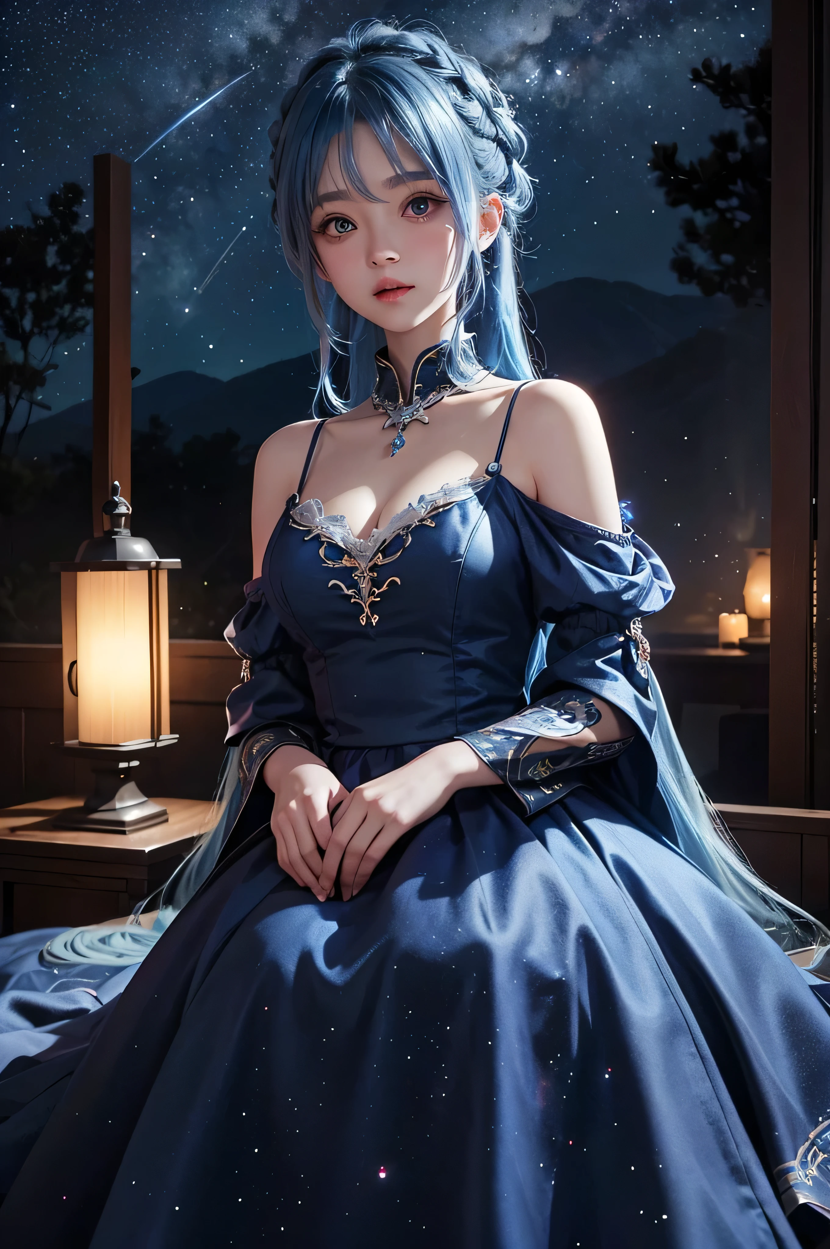 Ultra HD、Blue haired girl character、Cute big eyes、Red burning cheeks、Night scene with starry sky background、Wearing a gorgeous dress、Subtle details、A fantastic atmosphere、Anime style