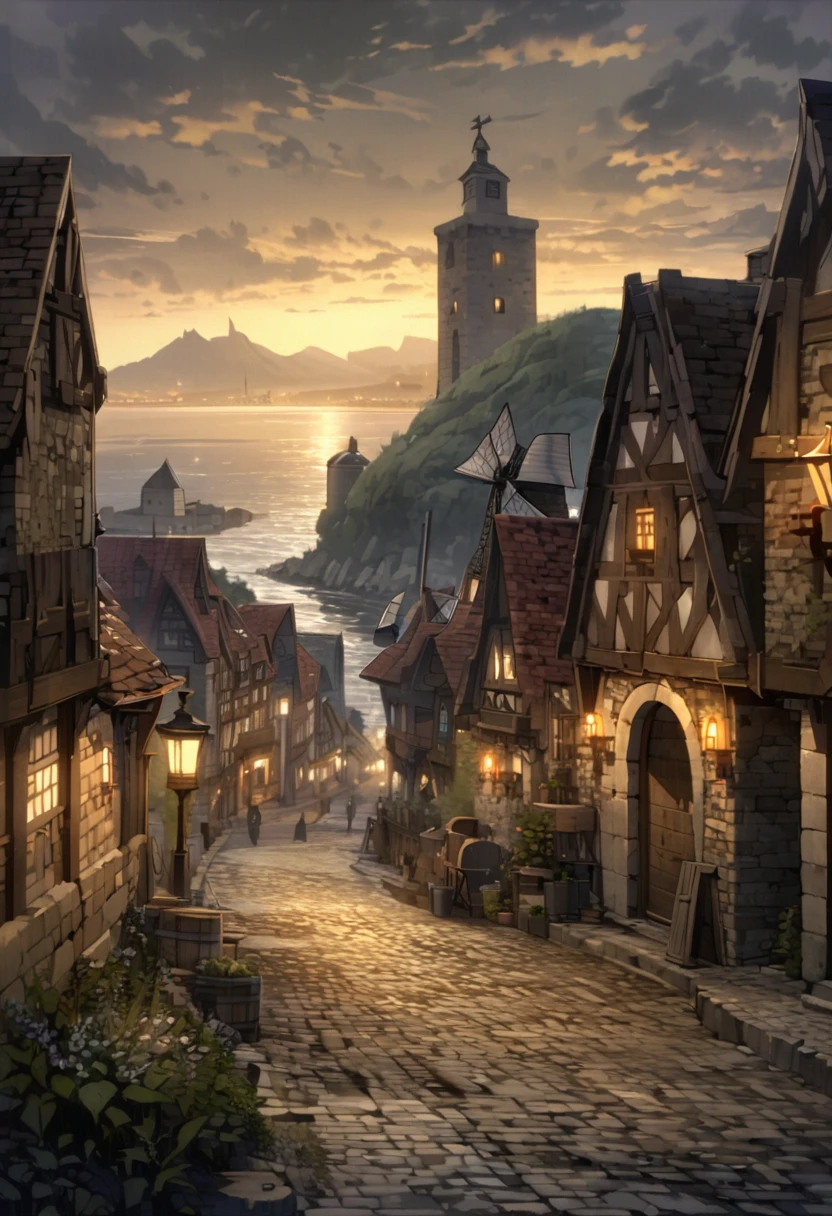 masterpiece, best quality, european medieval town by sea, gray plants, gray trees, windmill, aged brick buildings, lamp posts, ocean, mountains in distance, windy, clouds, early evening, gloomy,