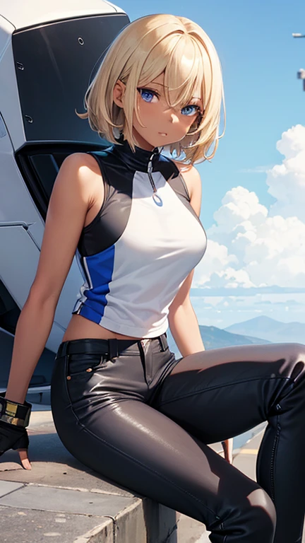 ((Highest quality)),masterpiece,Ultra-high resolution,One Woman,A dark-skinned woman in her 20s,Anime Women,Short blonde hair,Asymmetrical Shorts,blue eyes,Rin々Nice face,A listless look,Lazy face,White sleeveless shirt,Black tight pants style,Elbow-length combat mecha gloveetallic tech boots,