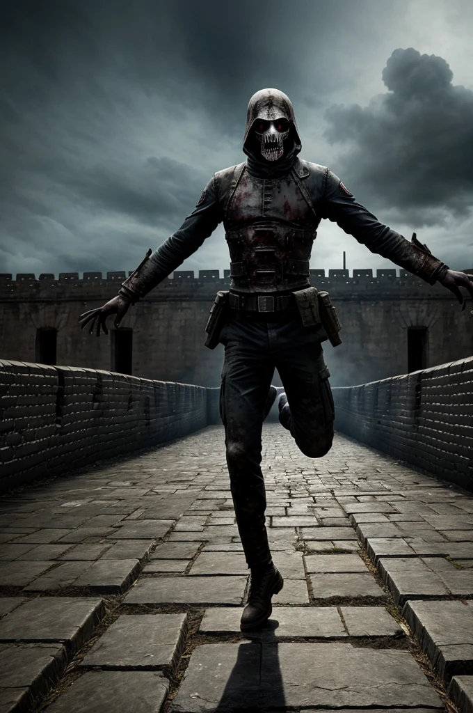 Start with a dark, ominous background to represent the zombies, a great wall stopping zombies from killing humanity and many soldiers are jumping no the undead with high tech weapons