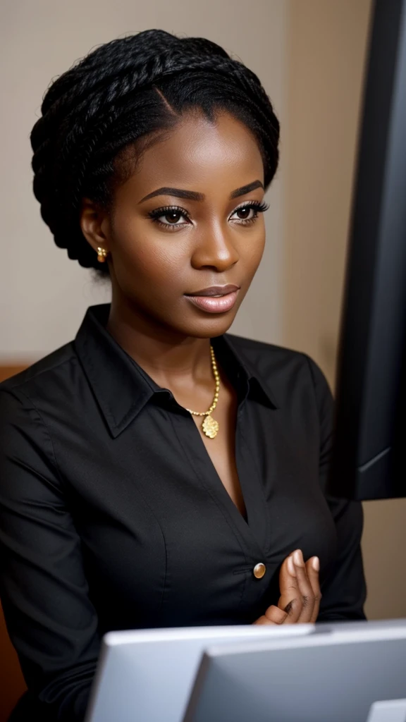 A beautiful beautiful black woman, beautiful silhouette, beautifuls + gentle lips+Businessman Tresse) are in a company . very realistic Ivorian communications manager,,,,,,,,,,,
