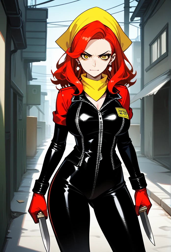 masterpiece, best quality, mature woman, mature face, trimmed hairstyle, red hair, mature face, hot face, sharp eyes, big breasts, voluptuous body, golden eyes, (bandit outfit, bandit bandana), looking at viewer, tough appearance, alley, (looking serious), lunatic face, lunatic smile, (glaring eyes, piercing eyes), lunatic expression, (holding dagger)