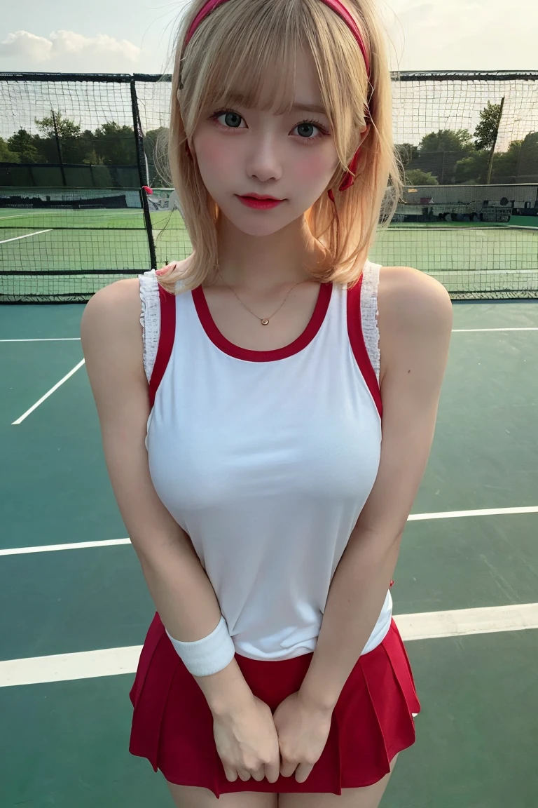 beautiful, masterpiece, cute girl, an extremely detailed and delicate,extremely fine and beautiful,beautiful and clear background, 1 girl, blonde hair, short hair, cyan eyes, , white shirt, red hairband, medium breasts, standing, (((wearing tennis wear))),((nsfw)),((nipples standing out from under clothing))