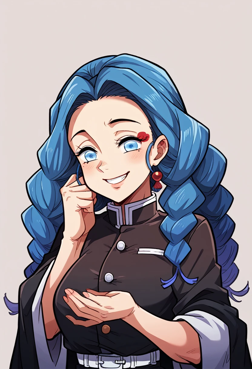 Draw a character in animated art style, with a vibrant and expressive appearance. simple background,The character must be from the Kimetsu no Yaiba universe/Demon Slayer, frontal angle, animated cartoon, beautiful drawing. Short black and blue hair, pearl blue eyes, subtle smile, black clothing, Black Skirt.