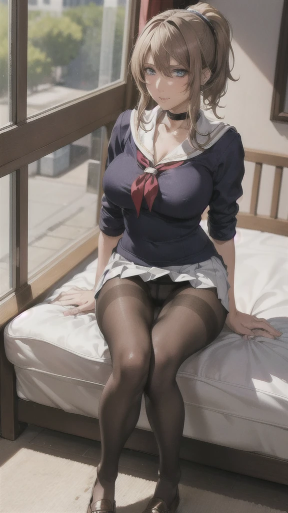 ((Correct Anatomy)),(Female student),((school uniform)),((Sailor suit)),((Lace panties)),(Mini Pleated Skirt),(((Black Pantyhose))),Ultra-high resolution,Mature Woman, Mature Woman, Very detailed,Sunburned skin,Brown Skin,((Beautiful feet)),(Big Breasts),((Beautiful legs)),Perfect hands, Detailed fingers, Beautiful details, ((Long Hair)),((ponytail)),Black Choker, Earrings,loafers,Embarrassing,Perfect Eyes, Captivating eyes