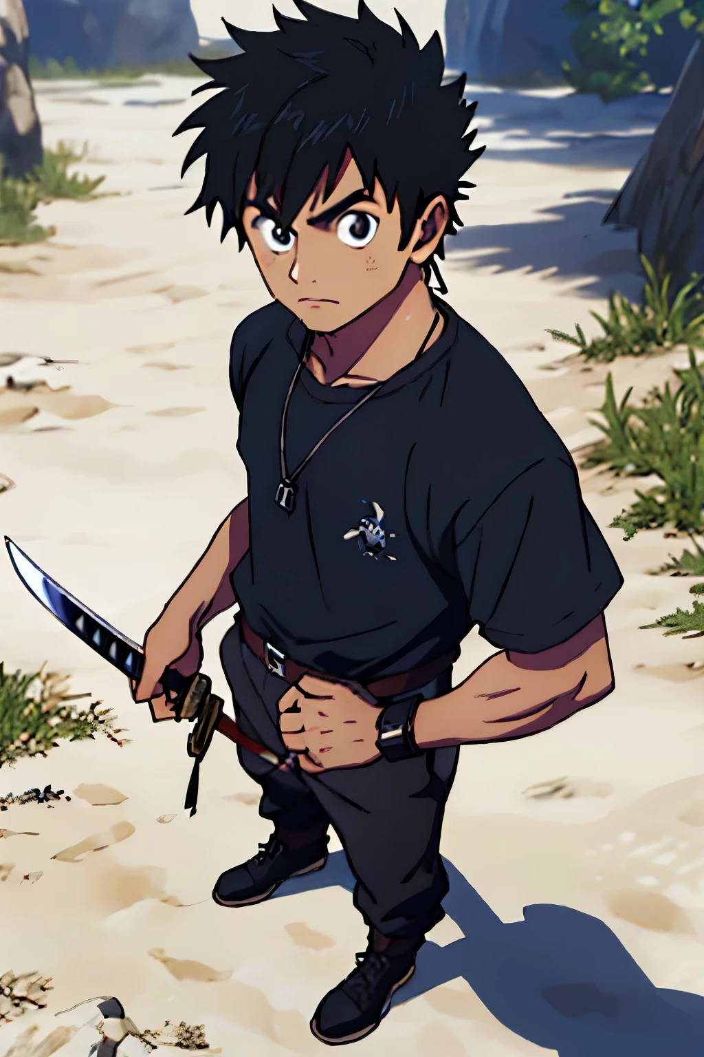 make a 13 year old character, brown man in blue and black clothes with black hair and a sword as an accessory