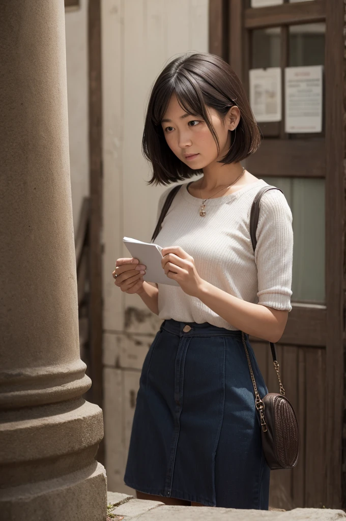 A woman looking at an old photo