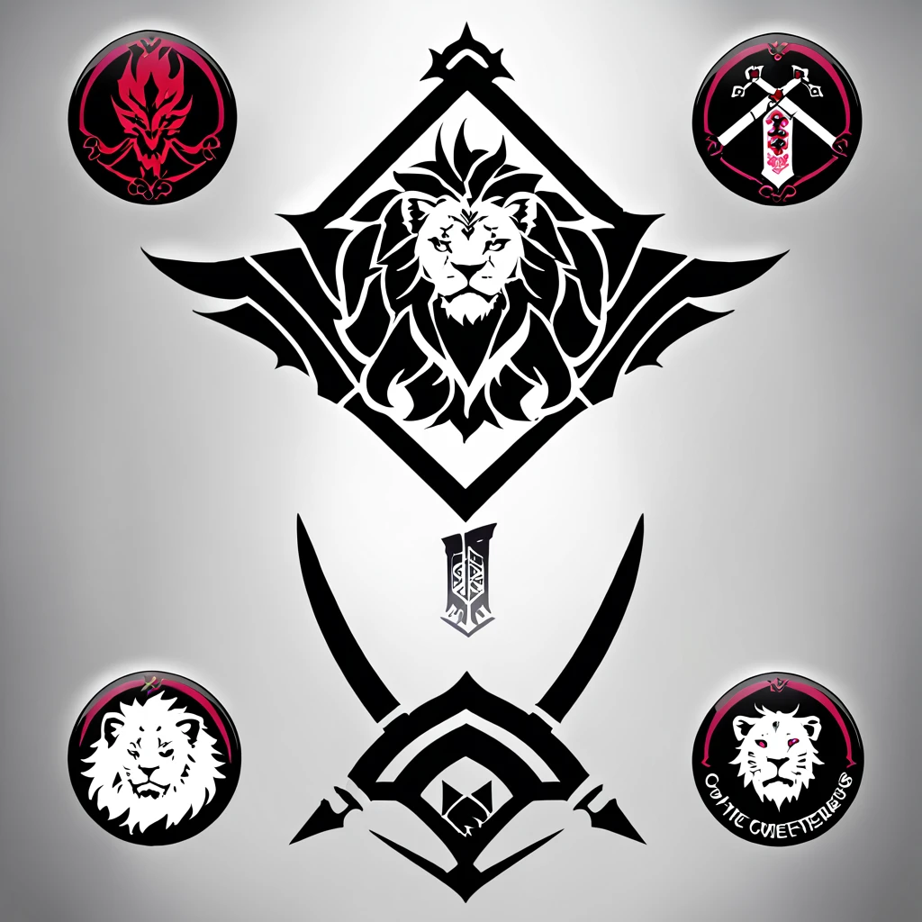 no words, badge, oriental, logo, badge, family crest, a lion-like creature, in red, black and white. Two swords pierce from inside her mouth and come out through her head. The beast displays a menacing look with crossed swords entering its mouth and piercing its head. two swords, two swords penetrating the creature. Badge of clan, icon, logo, simple background
