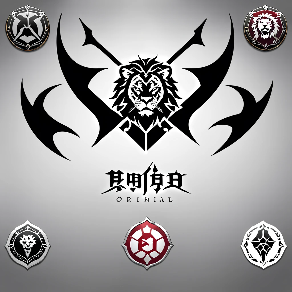 no words, badge, oriental, logo, badge, family crest, a lion-like creature, in red, black and white. Two swords pierce from inside her mouth and come out through her head. The beast displays a menacing look with crossed swords entering its mouth and piercing its head. two swords, two swords penetrating the creature. Badge of clan, icon, logo, simple background
